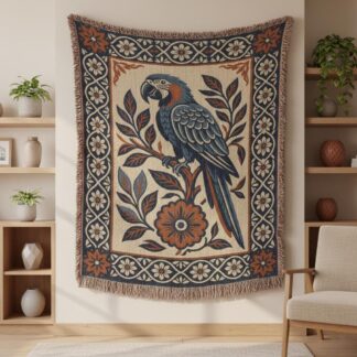 Blue Parrot Bird Macaw Mediterranean Woven Cotton Blanket
