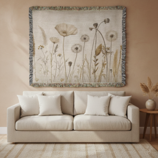 Neutral Floral Woven Blanket – Elegant Minimalist Throw or Wall hanging tapestry decor