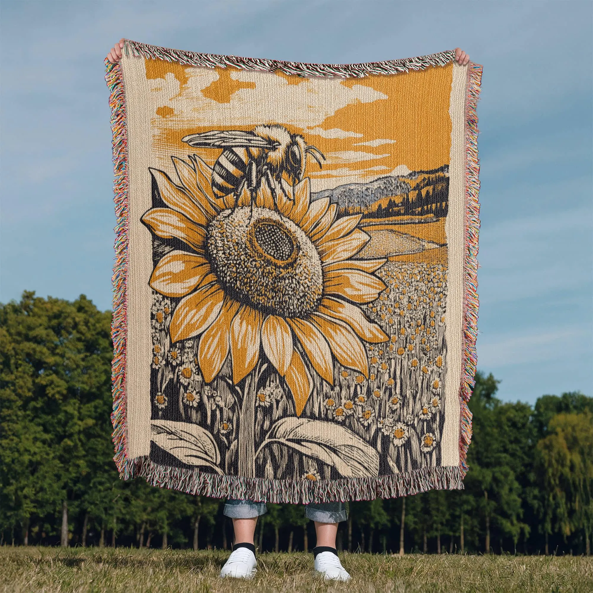Bee on Sunflower Woven Blanket – Linocut Style Nature-Inspired Throw and Wall Decor