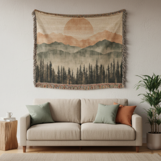 Mountain Landscape Woven Blanket – Soft Pastel Throw Blanket and Wall Hanging Decor