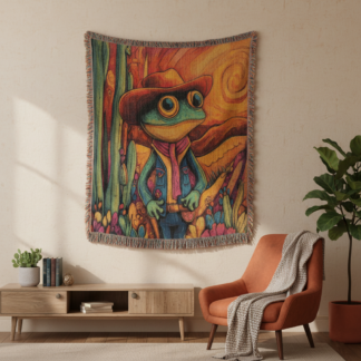 Cowboy Frog Woven Blanket – Impressionist Style Throw or Wall Hanging Decor