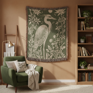 Blue Heron Jacquard Woven Blanket – Linocut Style Nature-Inspired Throw or Wall Hanging Decor