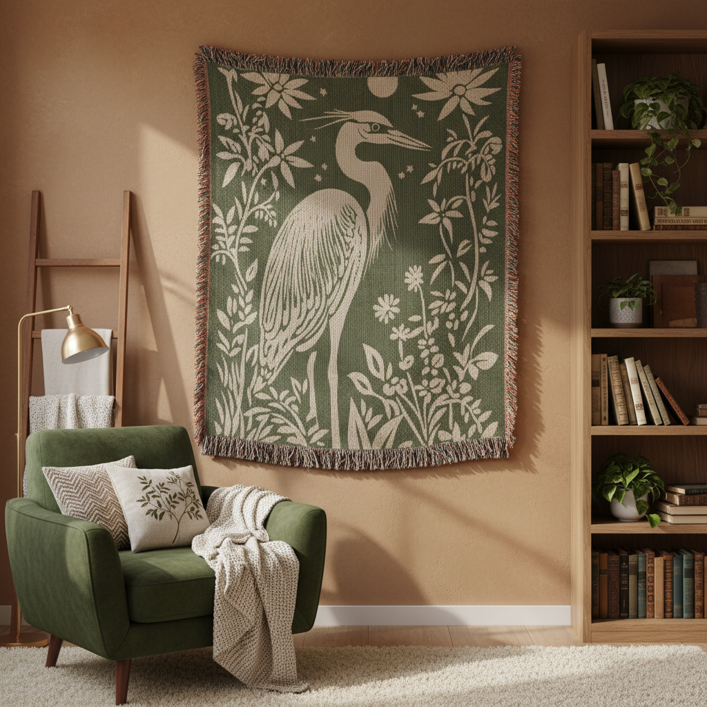Blue Heron Jacquard Woven Blanket – Linocut Style Nature-Inspired Throw or Wall Hanging Decor