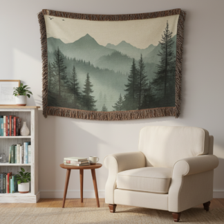 Sage Green Mountain Landscape Woven Blanket – Tranquil Nature-Inspired Throw or Wall hanging Decor