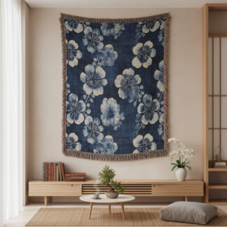 Indigo Shibori Flowers Woven Blanket – Japanese-Inspired Floral Throw or Wall Hanging Textile Decor