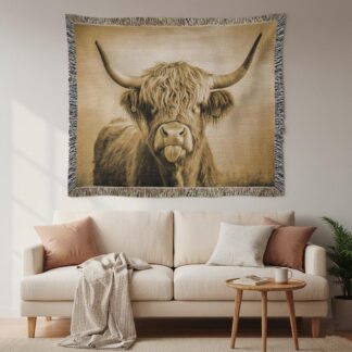 Highland Cow Woven Blanket – Rustic Farmhouse-Inspired Throw or Wall Hanging Decor