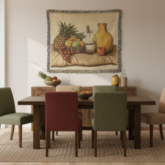 Dining room and kitchen tapestry, woven blanket throw or wall hanging with still life in rustic style vintage Farmhouse