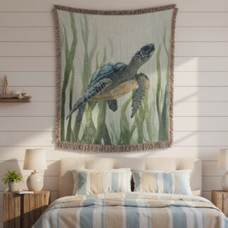 Sea Turtle Underwater Woven Blanket – Ocean-Inspired throw or wall hanging decor