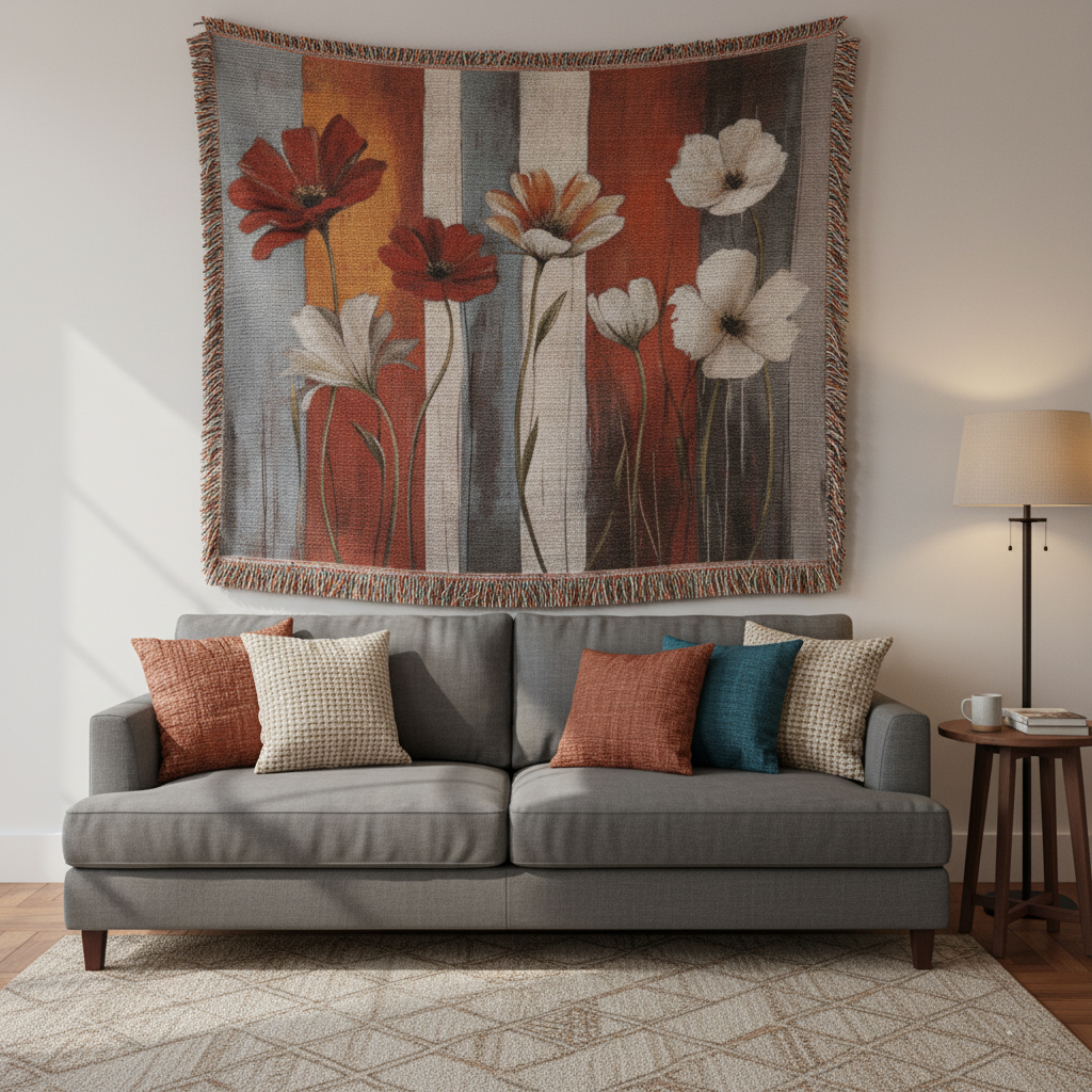 Red and white flowers Woven Blanket – Nature-Inspired Botanical Throw or wall hanging decor