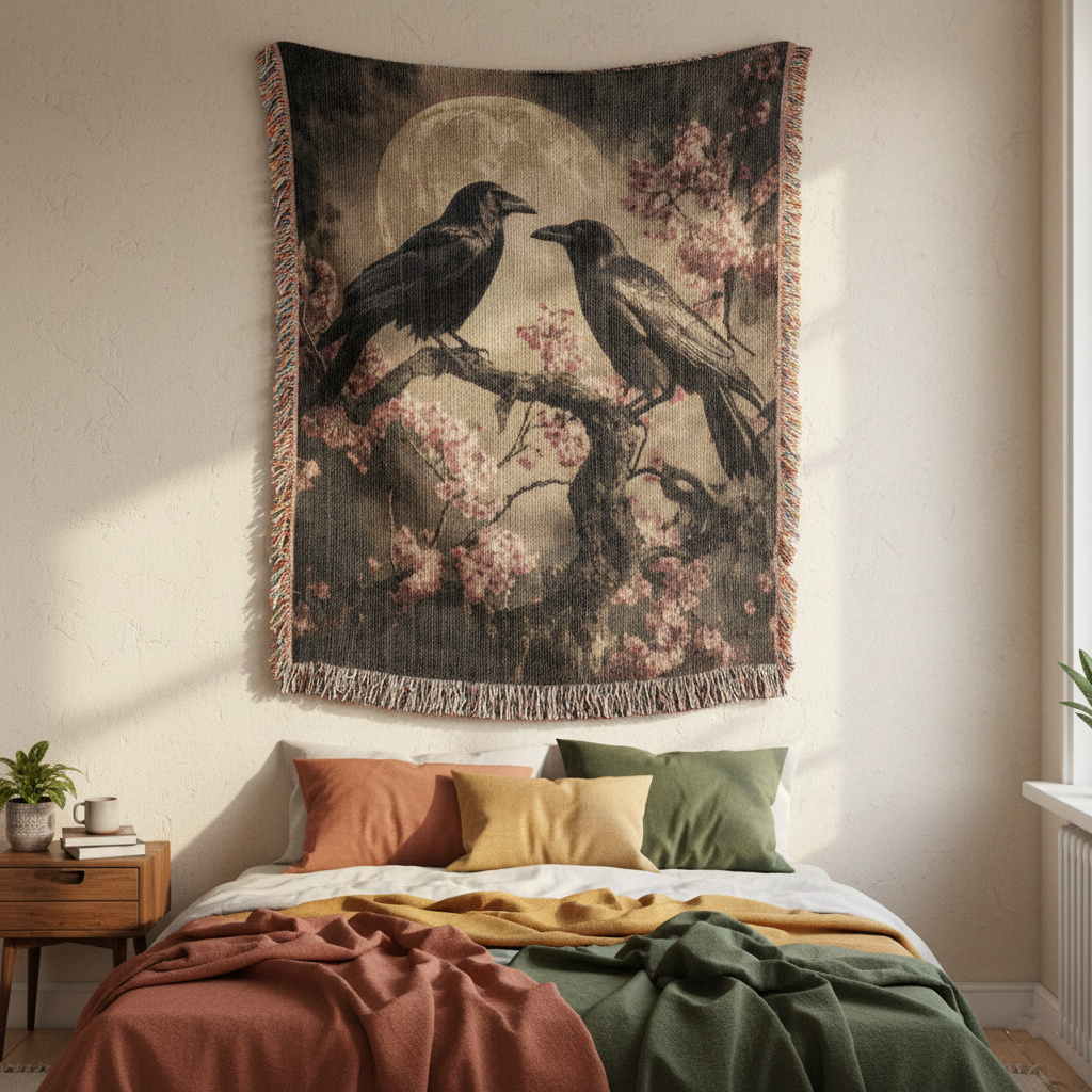 Crows Under Moonlight Woven Blanket, Gothic Dark academia Throw or Wall hanging Decor