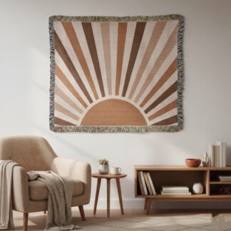 Boho Retro Sunrise Woven Blanket – Terracotta Palette Nature-Inspired Throw or wall hanging decor