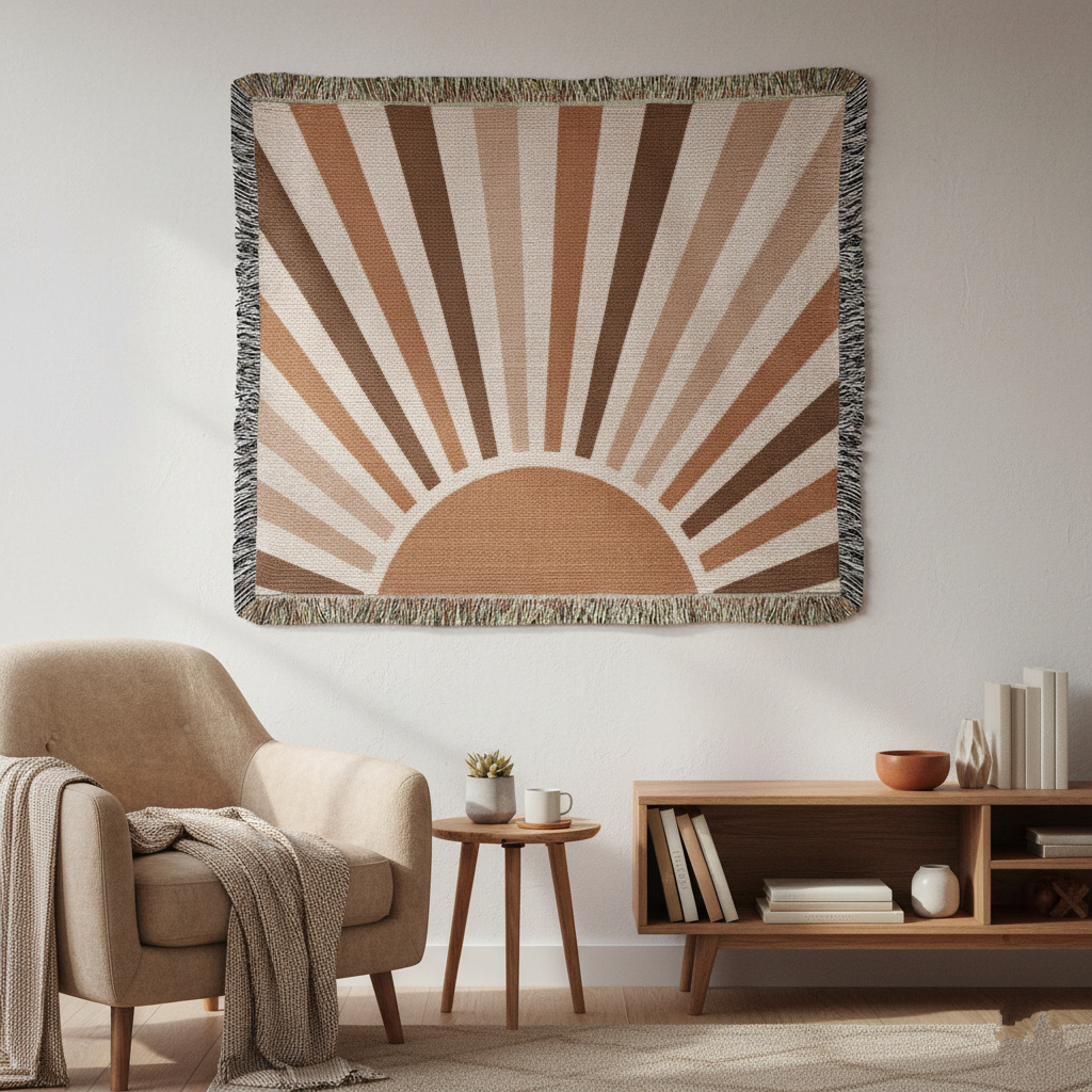 Boho Retro Sunrise Woven Blanket – Terracotta Palette Nature-Inspired Throw or wall hanging decor