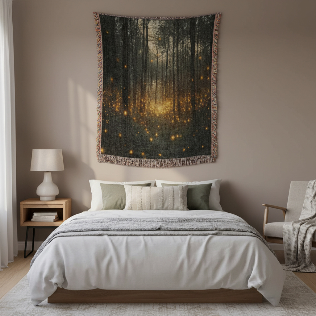Enchanted Forest Firefly Woven Blanket – Mystical Nature-Inspired Throw or wall hanging Decor