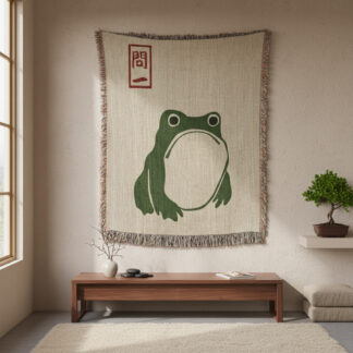 Japanese Frog Woven Blanket – Matsumoto Hoji Style Nature-Inspired Throw or Wall Hanging Decor