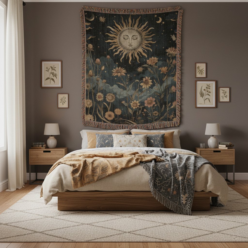 Mystical celestial sun boho spiritual dark cottagecore woven blanket