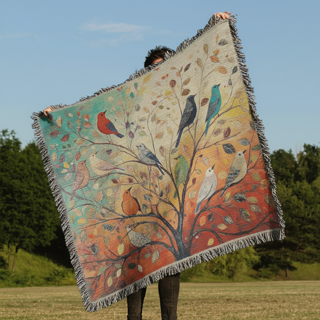 Colorful Birds on Tree Woven Blanket – Vibrant Nature-Inspired Throw or Wall Hanging Decor - Image 2